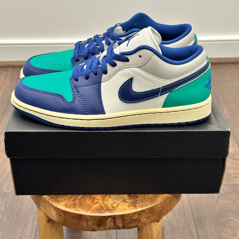Air Jordan 1 Low Sail/Deep Royal Blue Sneakers, 553558 147, Size 8.5